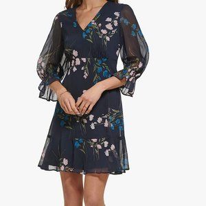 DKNY V-Neck Dress with Balloon Sleeve and Ruffle Hem - Size 2